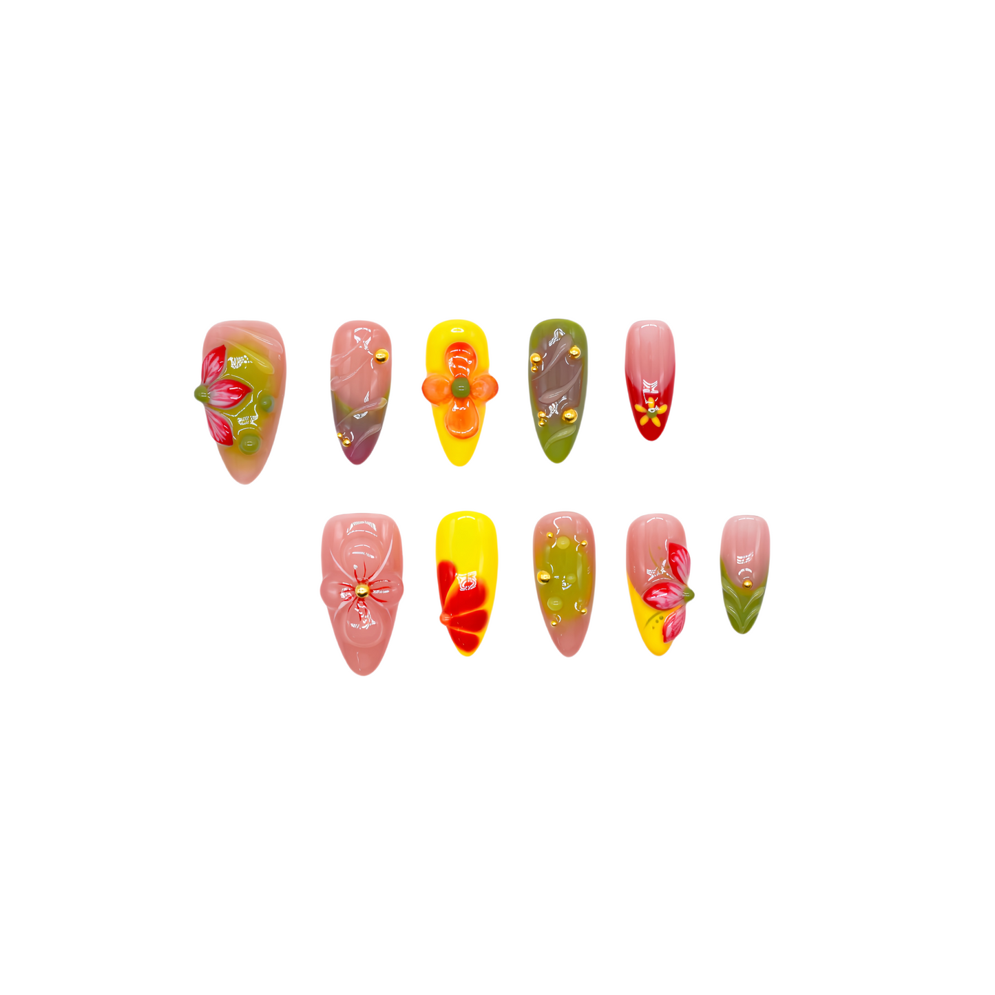 Tropical Fiesta press-on nails in long coffin shape with red, yellow, green, and lilac ombre base, 3D flowers, and gold bead accents.