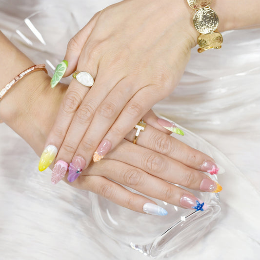 Tropical Splash press-on nails by You Are Angel with summer ombré colors, 3D starfish, flowers, and glossy beach-inspired finish.