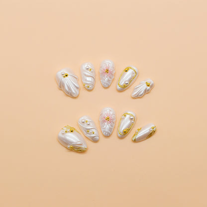 
Almond-shaped coral and fuchsia press-on nails with tropical floral designs, 3D flowers, and ocean-inspired accents – Tropical Sunset Bloom set.