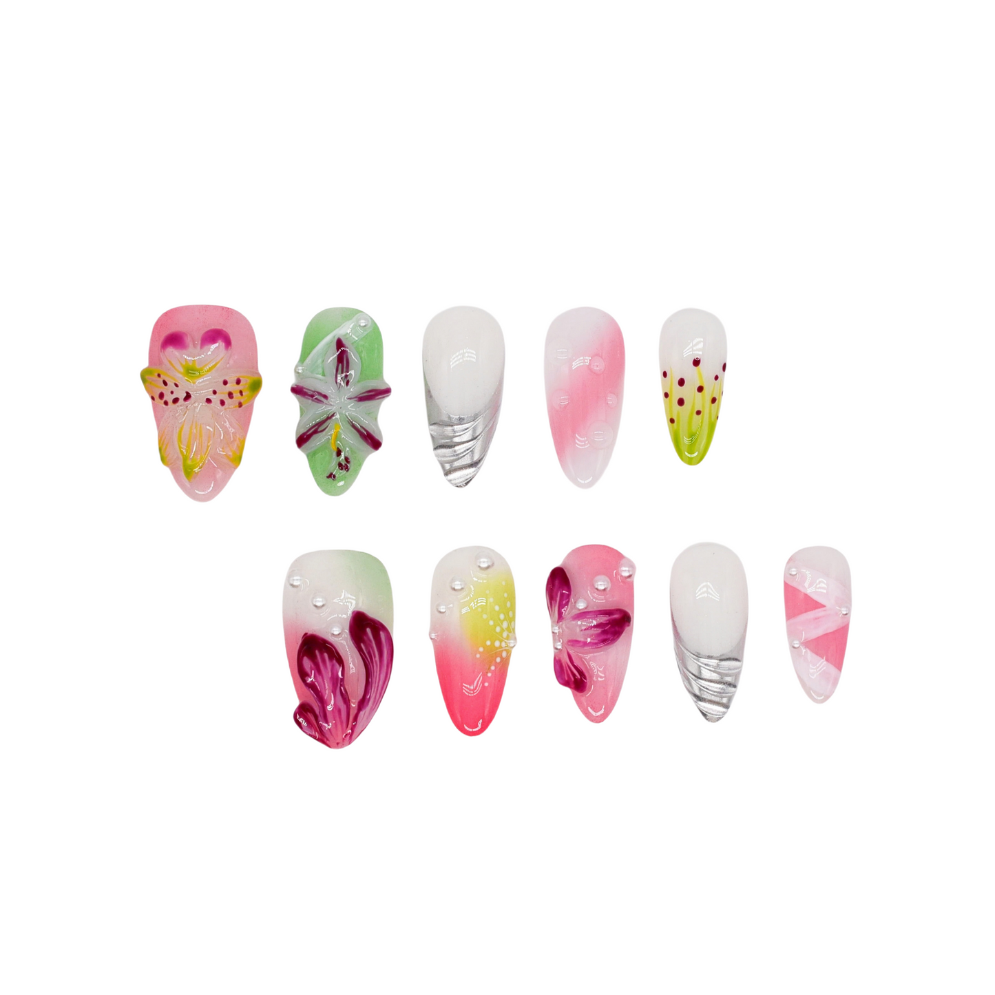 Tutti Frutti Bloom press-on nails featuring a colorful mix of pink, green, and purple with 3D flowers, jelly gradients, and pearl accents in almond shape.