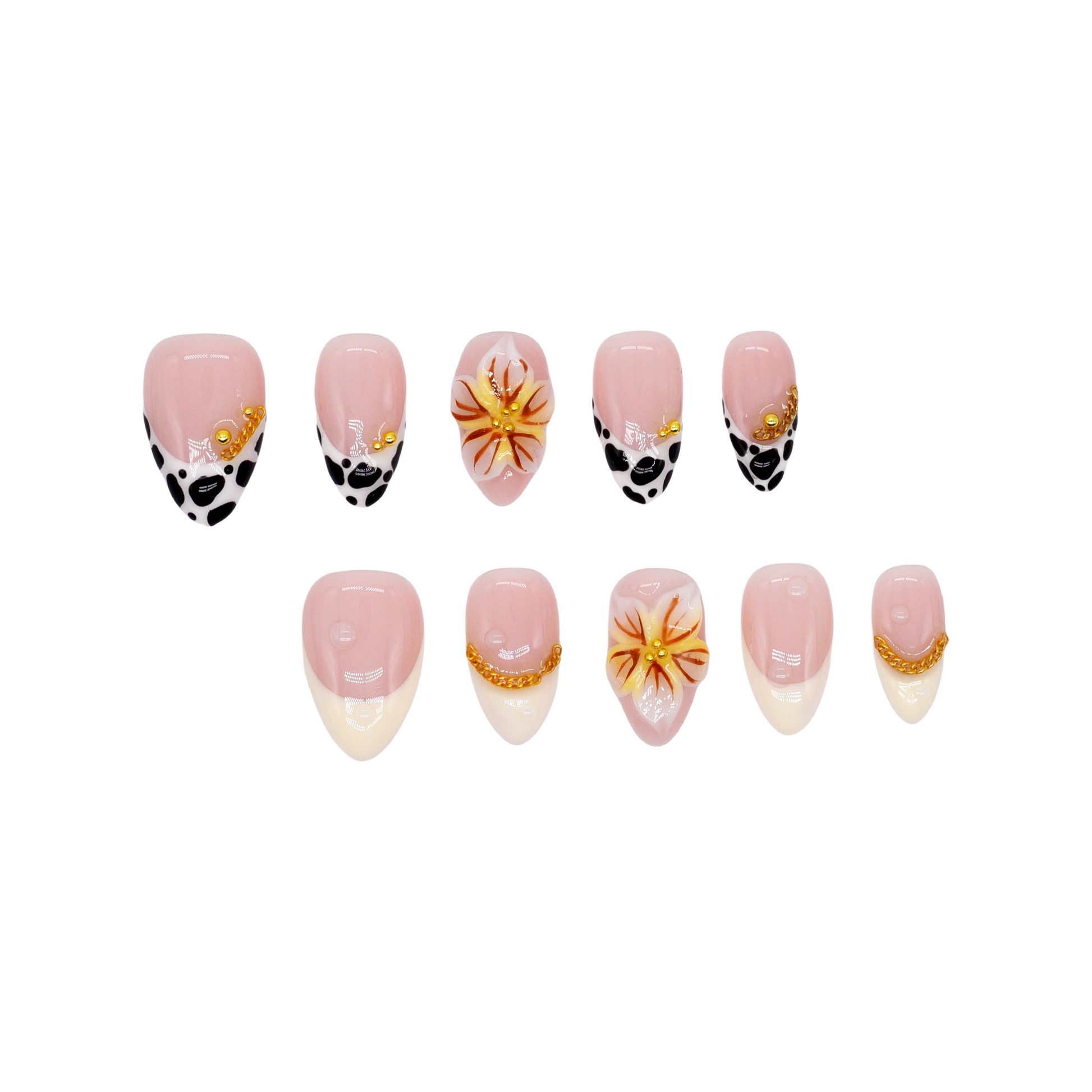 Handmade press-on nails with black animal print, orange floral design, and nude French tips – Wild Bloom Elegance set.