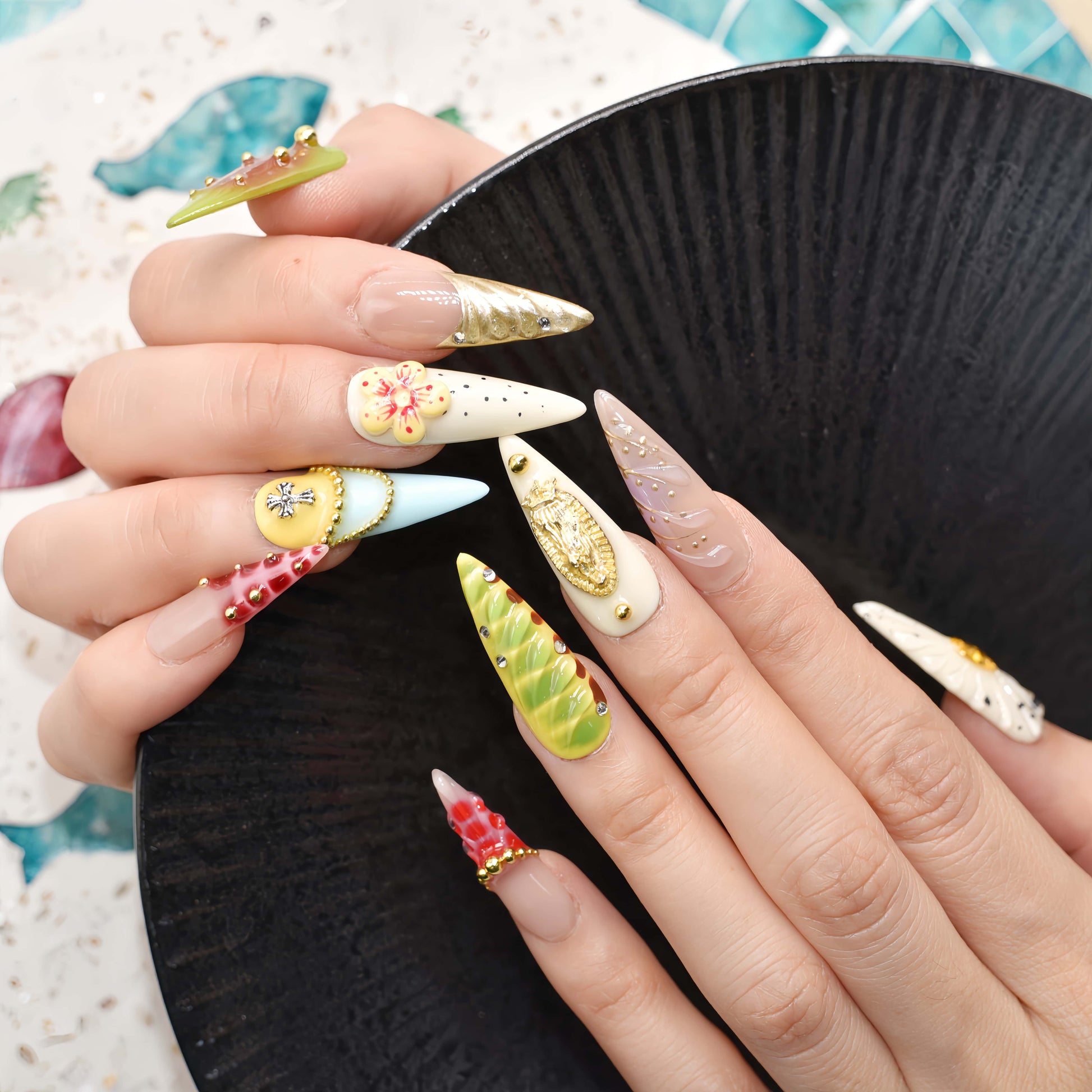 Colorful handmade fruit inspired press on nails featuring citrus slices, blueberry details and dessert inspired artwork.