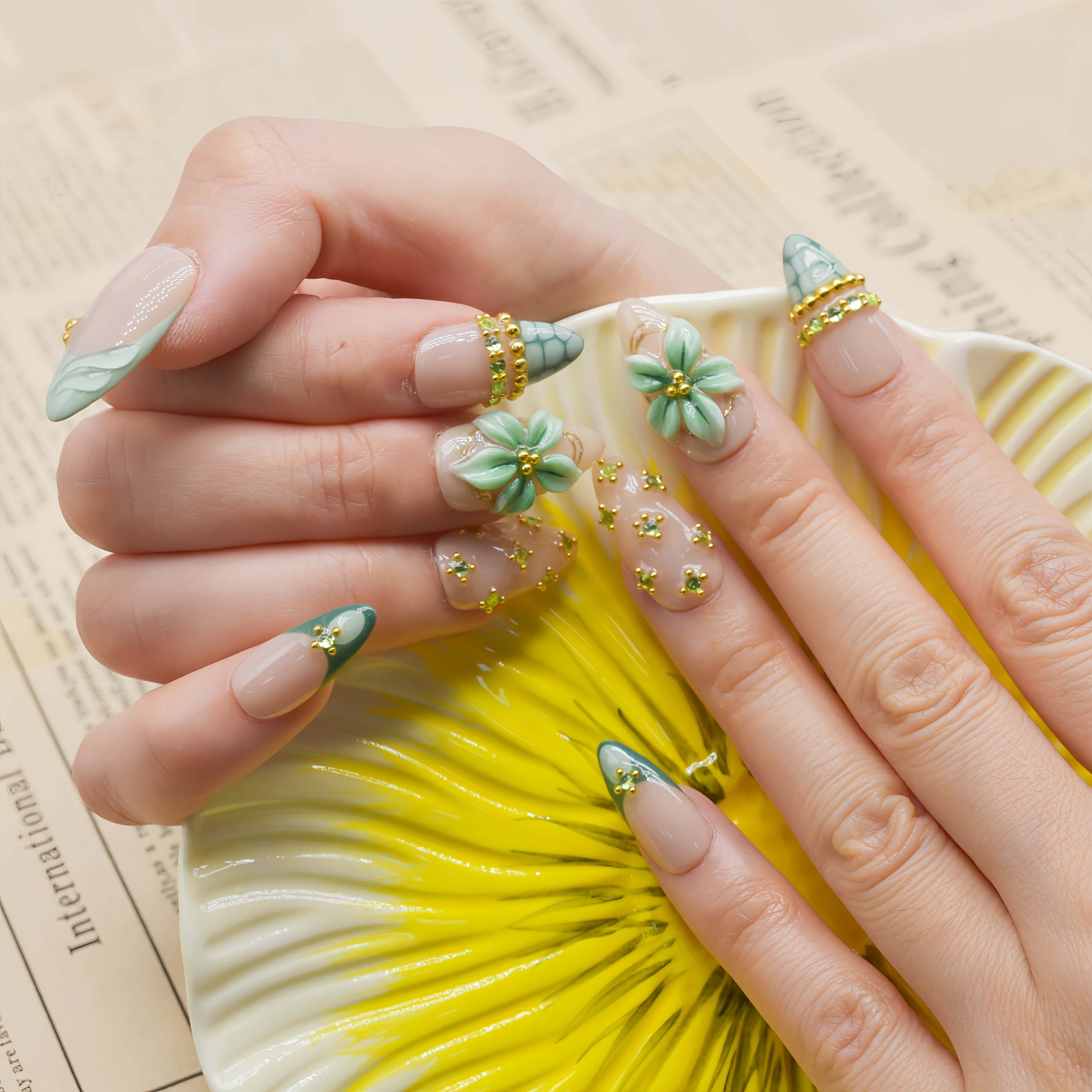 Summer fruit themed press on nails featuring lemons, blueberries and gingham nail art.