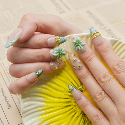 Summer fruit themed press on nails featuring lemons, blueberries and gingham nail art.