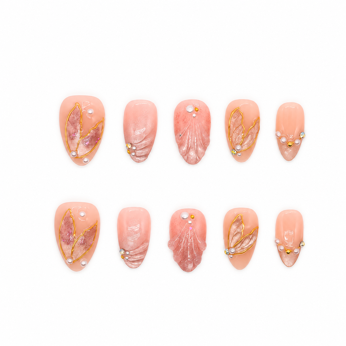 Rose Gold Leaf Veil peach press-on nails with translucent leaves, pearls and fine gold outlines — product set on a snow-white background.