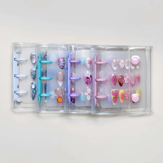 Angel’s Nail Storage Brochure — transparent 4-page organizer case for storing and displaying press-on nail sets.
